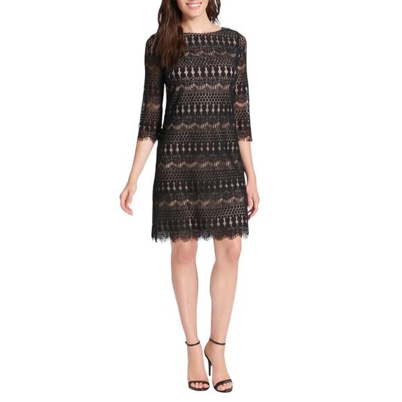 Jessica Howard Dresses & Skirts - Jessica Howard Illusion Sleeve Crochet Lace Black Shift Lined Dress Sz 14